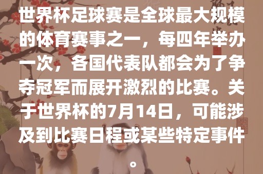 世界杯足球赛是全球最大规模的体育赛事之一，每四年举办一次，各国代表队都会为了争夺冠军而展开激烈的比赛。关于世界杯的7月14日，可能涉及到比赛日程或某些特定事件。