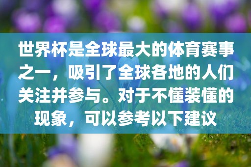 世界杯是全球最大的体育赛事之一，吸引了全球各地的人们关注并参与。对于不懂装懂的现象，可以参考以下建议