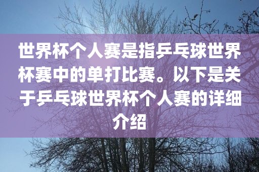世界杯个人赛是指乒乓球世界杯赛中的单打比赛。以下是关于乒乓球世界杯个人赛的详细介绍