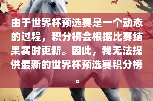 由于世界杯预选赛是一个动态的过程，积分榜会根据比赛结果实时更新。因此，我无法提供最新的世界杯预选赛积分榜。