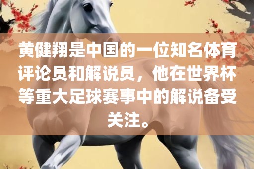 黄健翔是中国的一位知名体育评论员和解说员，他在世界杯等重大足球赛事中的解说备受关注。