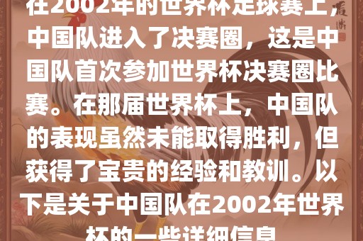 在2002年的世界杯足球赛上，中国队进入了决赛圈，这是中国队首次参加世界杯决赛圈比赛。在那届世界杯上，中国队的表现虽然未能取得胜利，但获得了宝贵的经验和教训。以下是关于中国队在2002年世界杯的一些详细信息