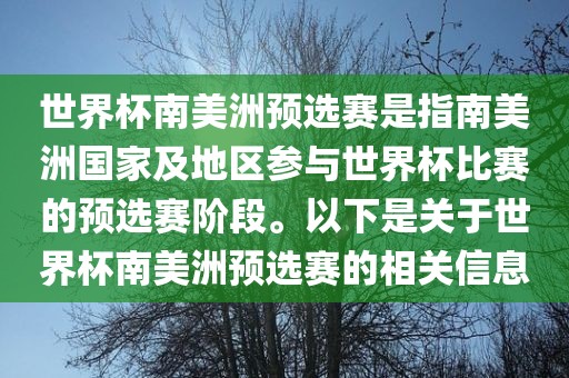 世界杯南美洲预选赛是指南美洲国家及地区参与世界杯比赛的预选赛阶段。以下是关于世界杯南美洲预选赛的相关信息
