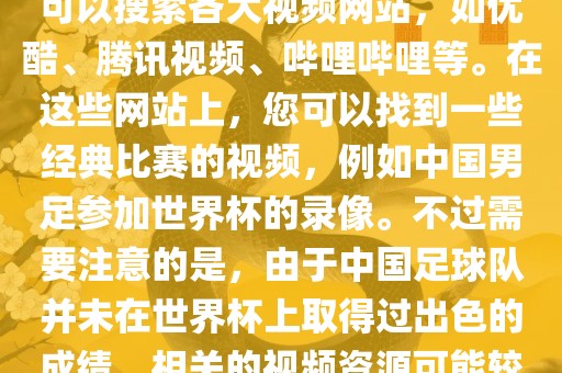 关于中国足球世界杯的视频，您可以搜索各大视频网站，如优酷、腾讯视频、哔哩哔哩等。在这些网站上，您可以找到一些经典比赛的视频，例如中国男足参加世界杯的录像。不过需要注意的是，由于中国足球队并未在世界杯上取得过出色的成绩，相关的视频资源可能较少。