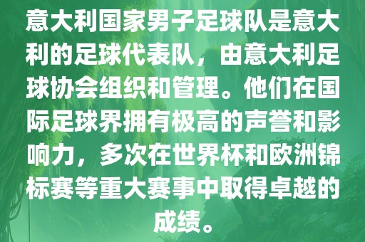 意大利国家男子足球队是意大利的足球代表队，由意大利足球协会组织和管理。他们在国际足球界拥有极高的声誉和影响力，多次在世界杯和欧洲锦标赛等重大赛事中取得卓越的成绩。