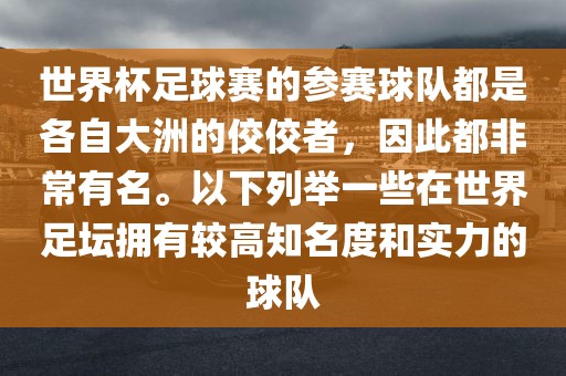 世界杯足球赛的参赛球队都是各自大洲的佼佼者，因此都非常有名。以下列举一些在世界足坛拥有较高知名度和实力的球队